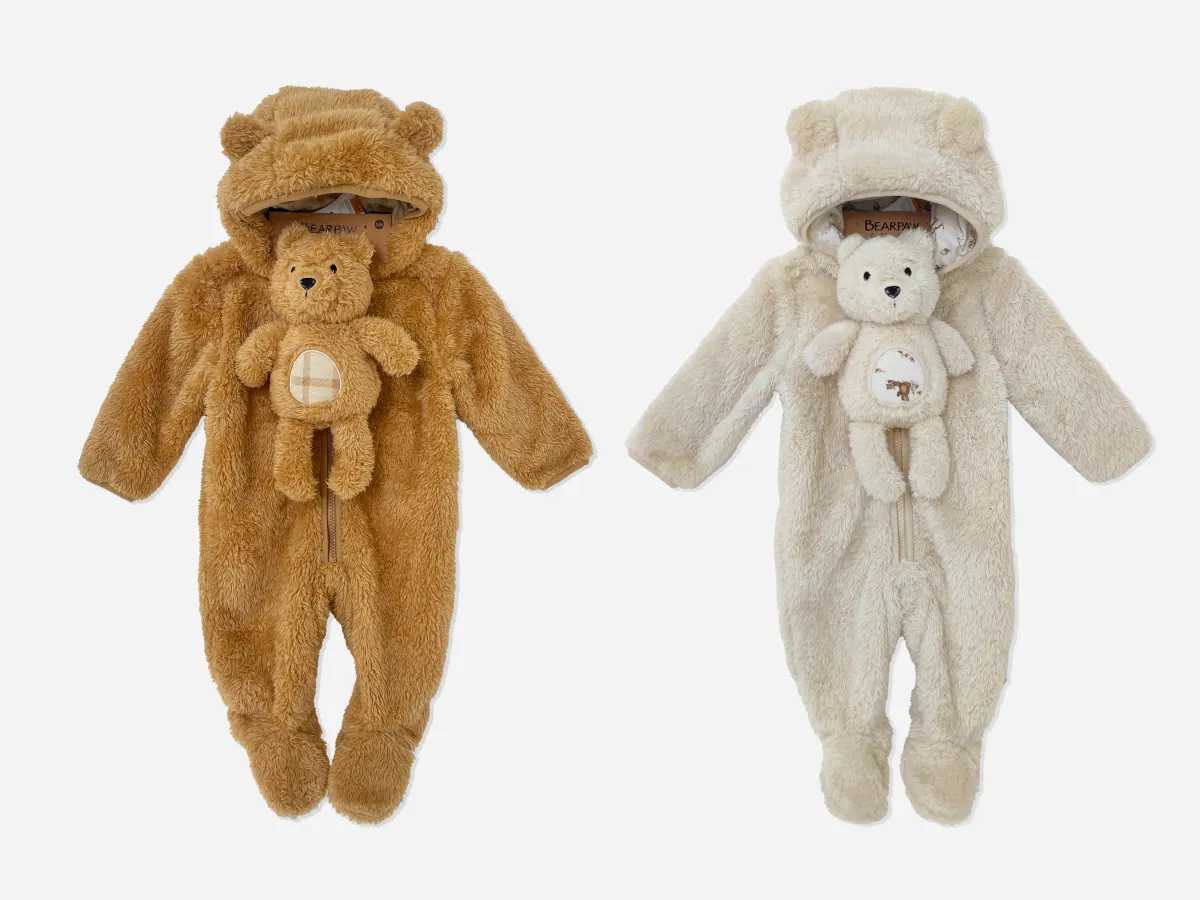 2pk Newborn Bear Hooded Footed Sleeper, Fuzzy Romper with Plush Toy