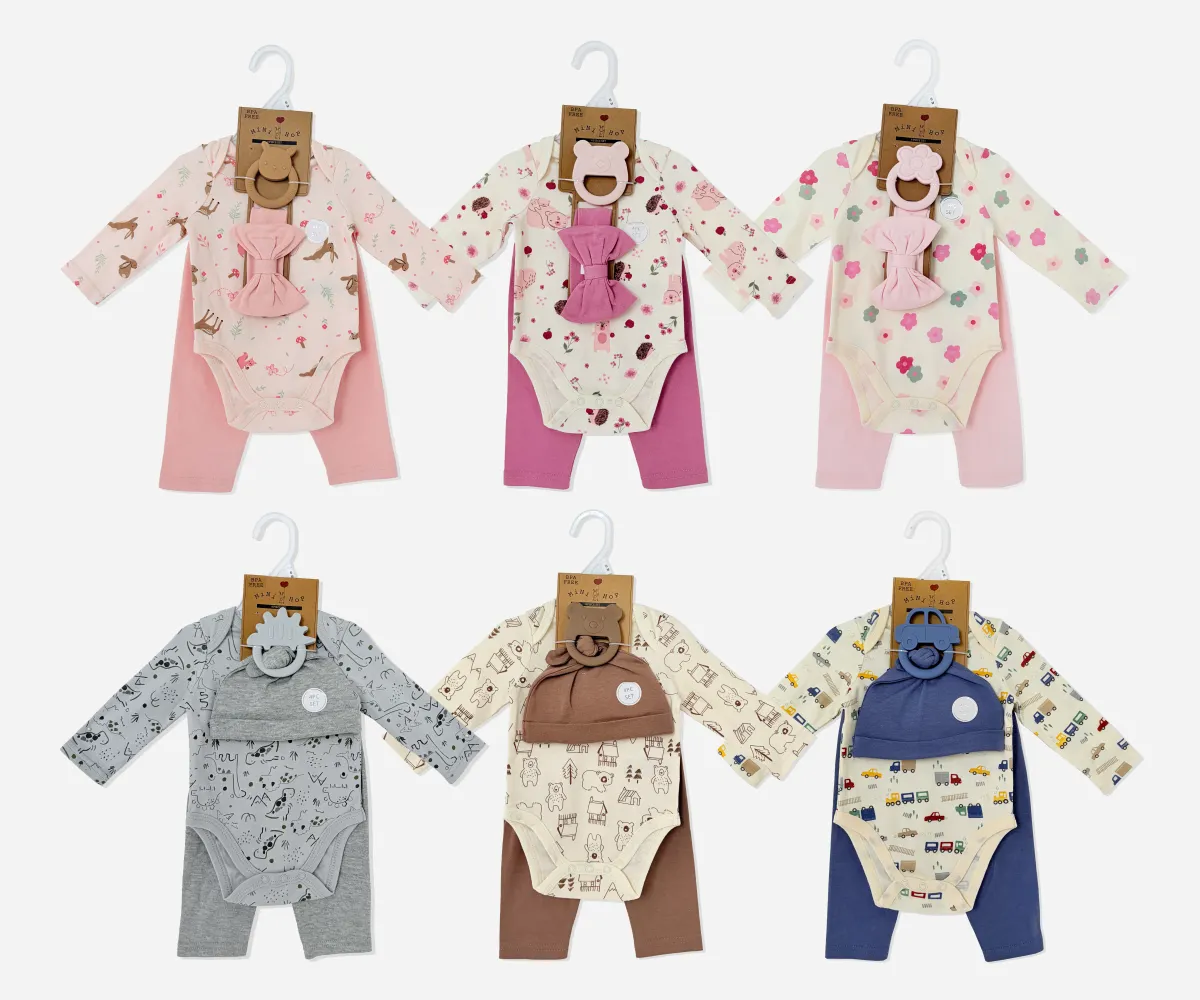 4pk Baby Layette Set, Long Sleeve Bodysuit, Pants, Hat & Wooden Teether