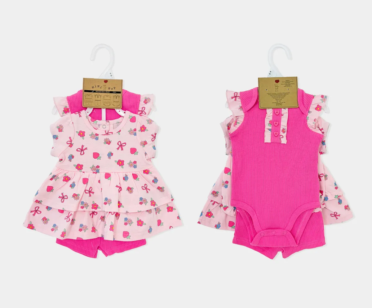 4pk Pink Floral Ruffle Baby Girl Dress & Bodysuit Sets