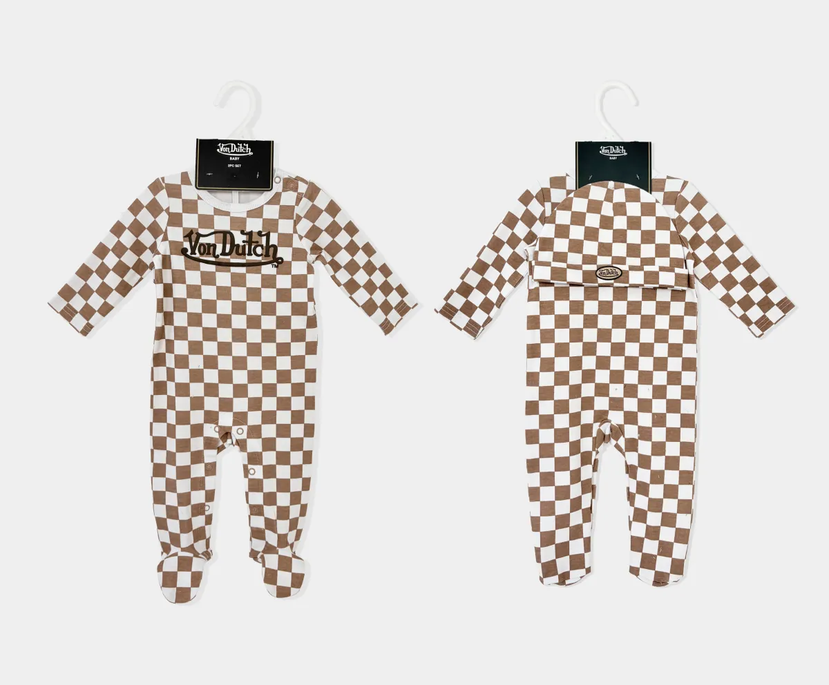 2pk Brown Checkered Footed Baby Romper & Hat Set