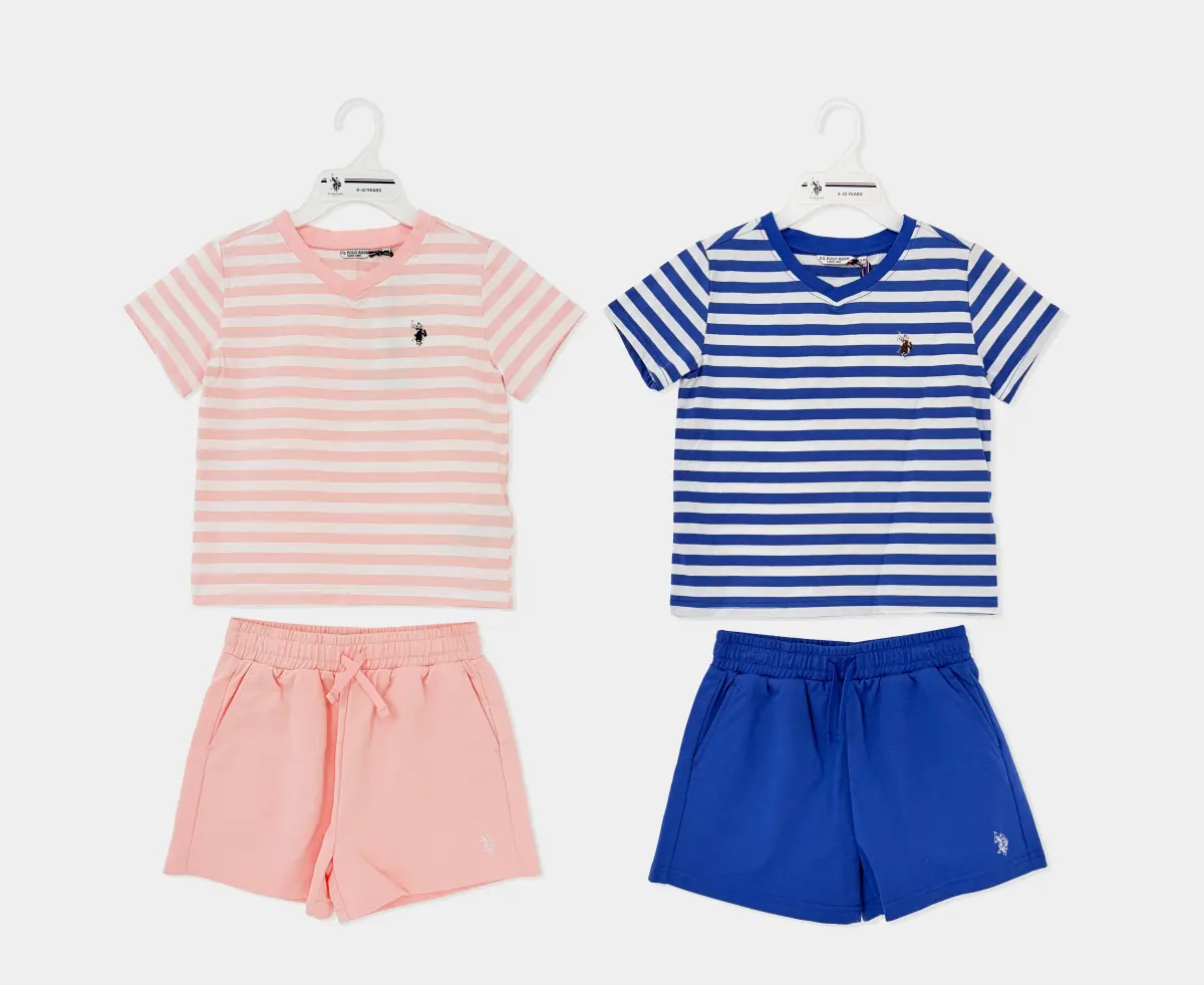 2pk Girls Striped V-Neck Tee & Solid Shorts Set