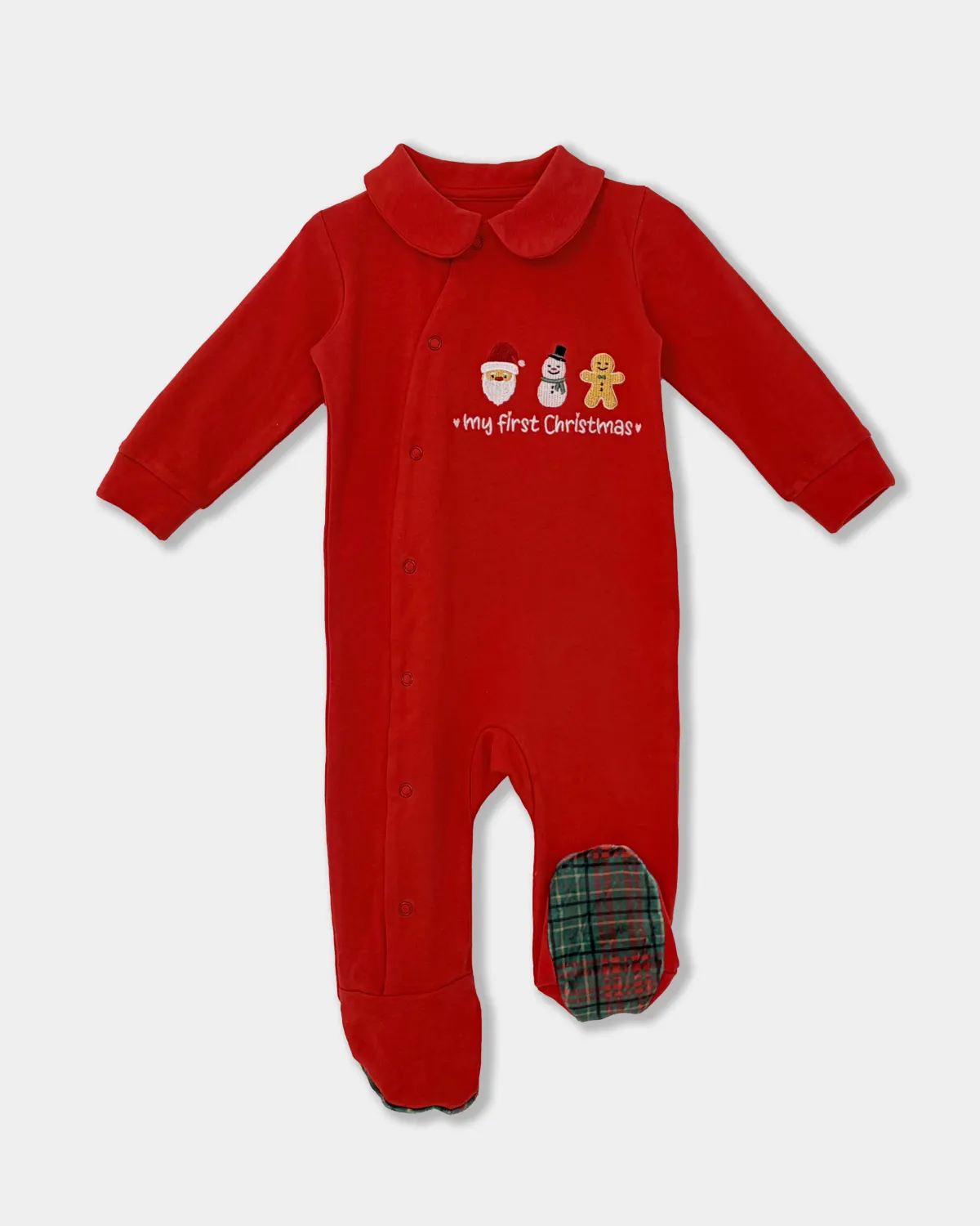 Baby Christmas Footed Romper, Peter Pan Collar Long Sleeve Jumpsuit, Red Solid & Plaid Holiday Sleepers