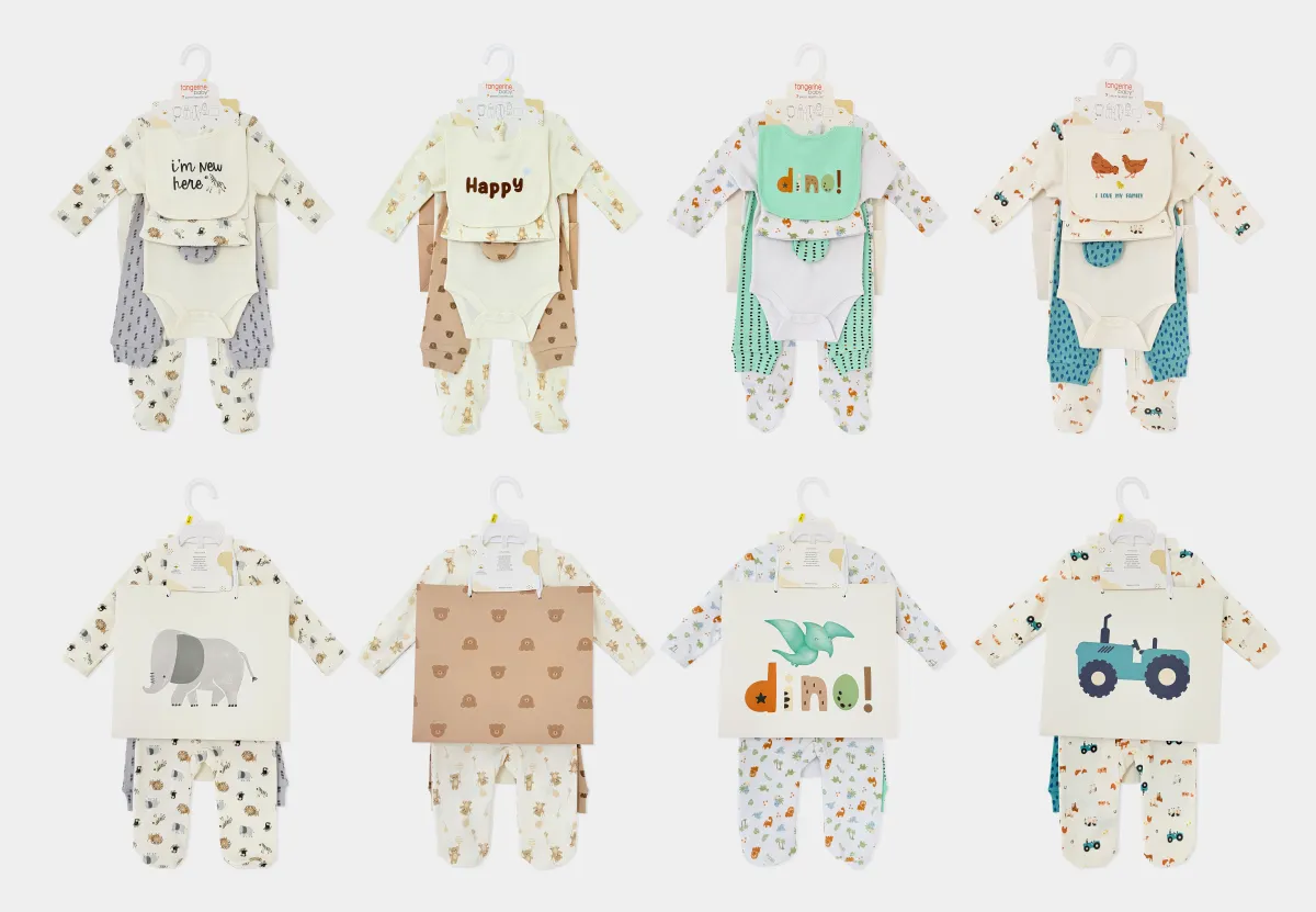 7pk Baby Layette Set, Short Sleeve Bodysuit, Hat, Pants, Zip Footed Sleepsuit, Bib, Mittens & Gift Bag