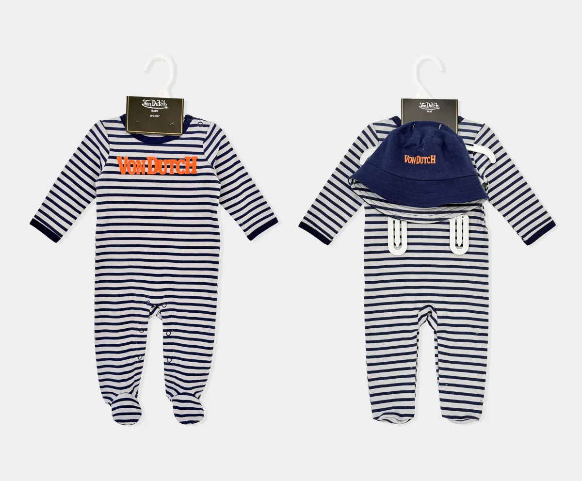 2pk Navy Striped Footed Baby Romper & Bucket Hat Set