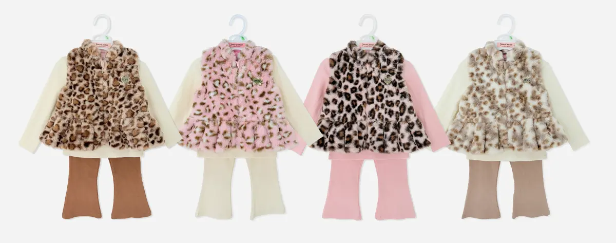 3pk Baby Girl Outfit Set, Leopard Faux Fur Ruffled Vest + Long Sleeve Top + Flare Pants