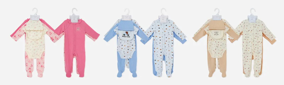 5pk Newborn Layette Set, Long Sleeve Bodysuit, Footed Sleeper, Hat & Bib