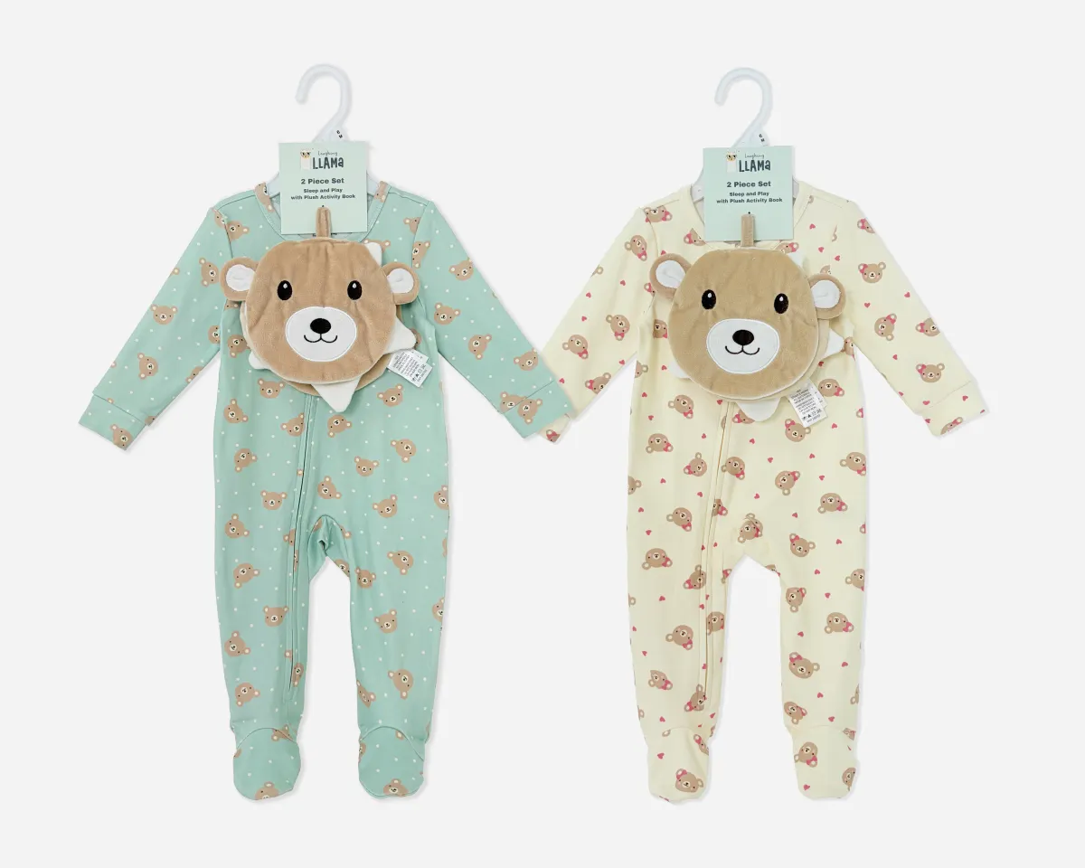 2pk Baby Bear Footed Rompers, Long Sleeve 3D Bear Patch Footie Jumpsuits
