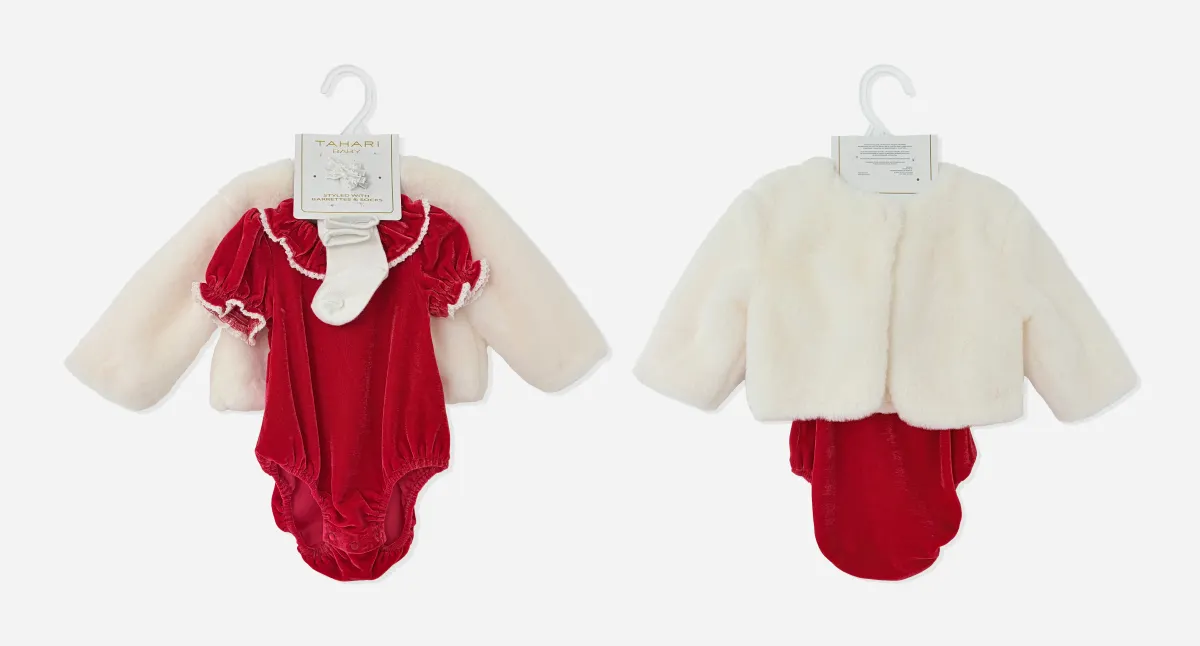 3pk Baby Girl Holiday Outfit Set, Red/Green Velvet Bubble Sleeve Bodysuit