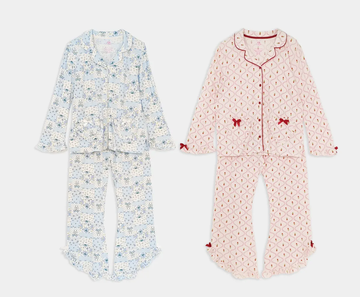 2pk Girls Lapel Button Down Long Sleeve Pajama Sets