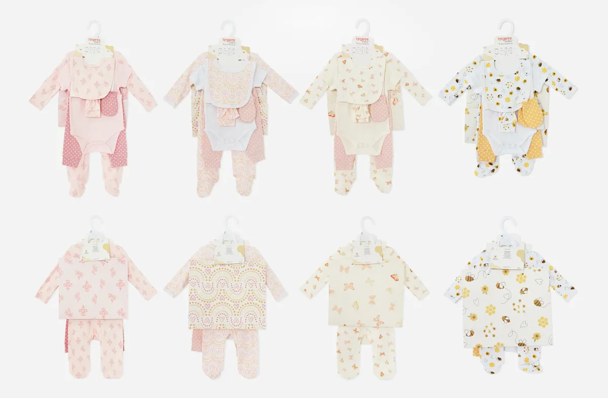 7pk Newborn Layette Gift Set, Short Sleeve Bodysuit, Pants, Zip Footed Sleeper, Bib, Bow Headband, Socks & Gift Bag