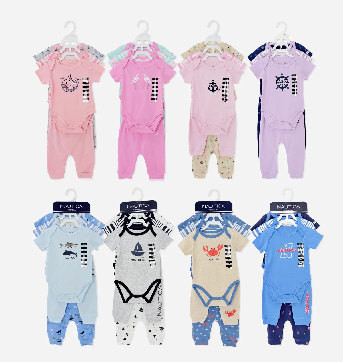 5pk Baby Short Sleeve Bodysuit & Footed Pants Nautical Themed Outfit Set