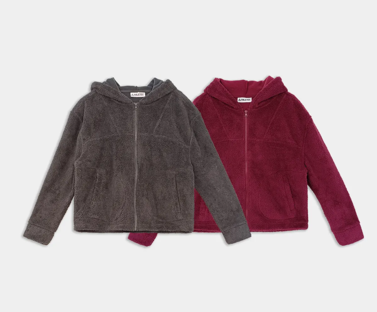 2pk Kids Hooded Sherpa Zip Jacket, Solid Fuzzy Fleece Hoodie Outerwear Coat