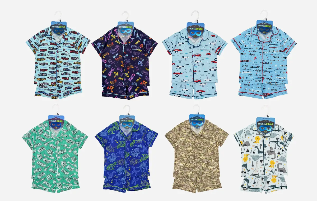 2pk Boys Short Sleeve Button Down Pajama Set, Car Dinosaur Game Camo Print Kids Sleepwear
