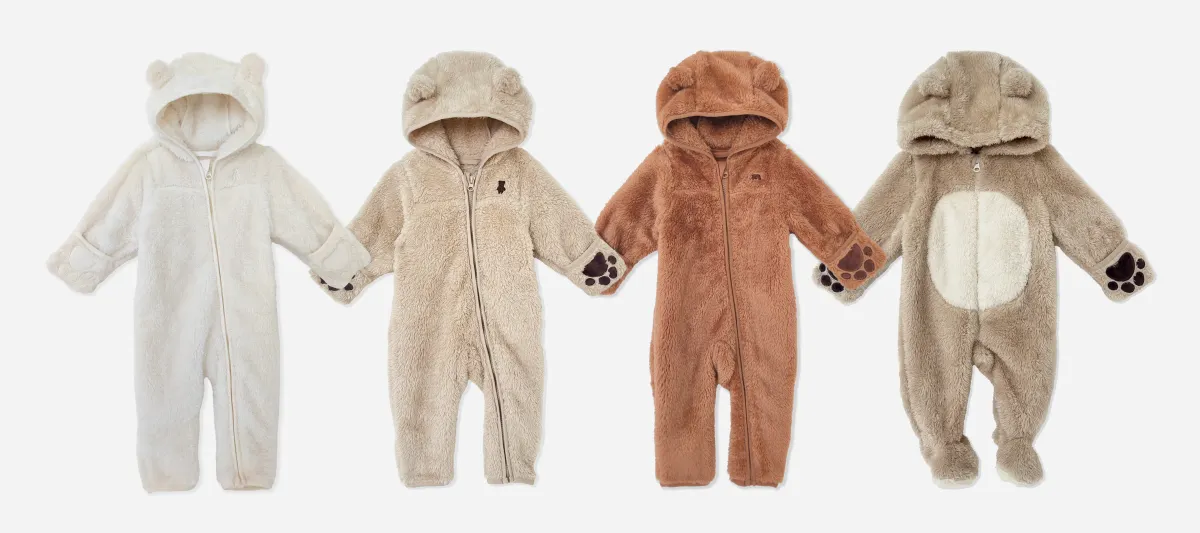Newborn Bear Hooded Fuzzy Zip Romper, Baby Footed Jumpsuit