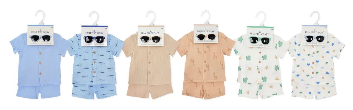 3pk Baby Boy Muslin Outfit Set, Button Shirt, Shorts & Sunglasses