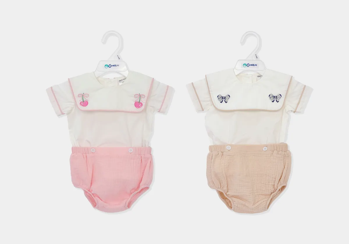 2pk Baby Girls Sailor Collar Short Sleeve Top & Bloomer Set, Cherry & Bow Embroidery Outfit