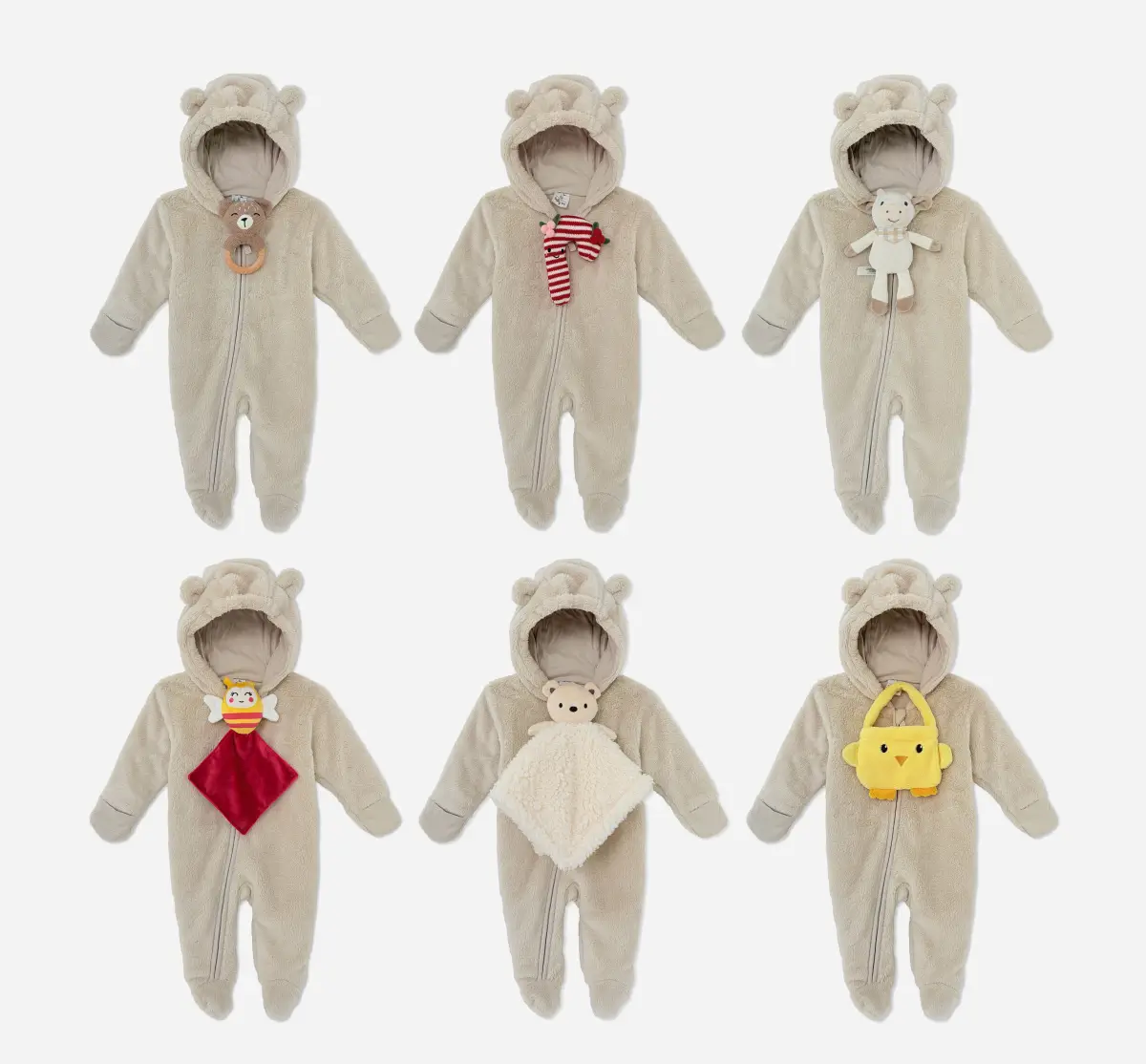 2pk Baby Bear Ear Sherpa Hooded Footed Jumpsuit with Detachable Plush Toy